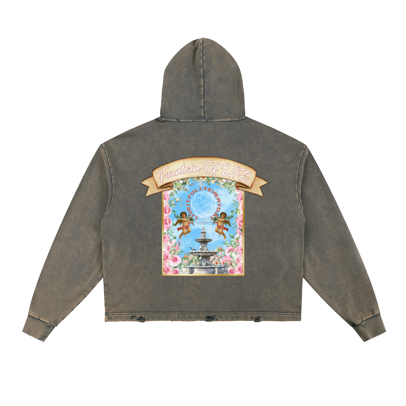 ‘Fountain Of LIFE’ Psalm 36:9 Vintage Washed Frayed-Hem Hoodie