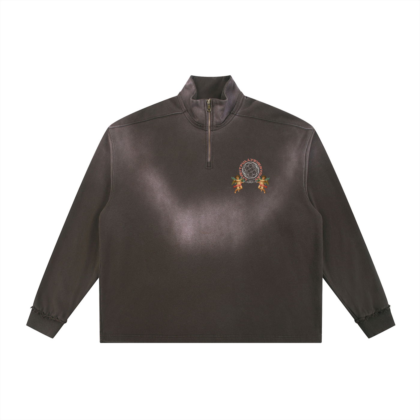 'Fountain Of LIFE' Sun Fade Raw Edge Quarter-Zip Sweatshirt