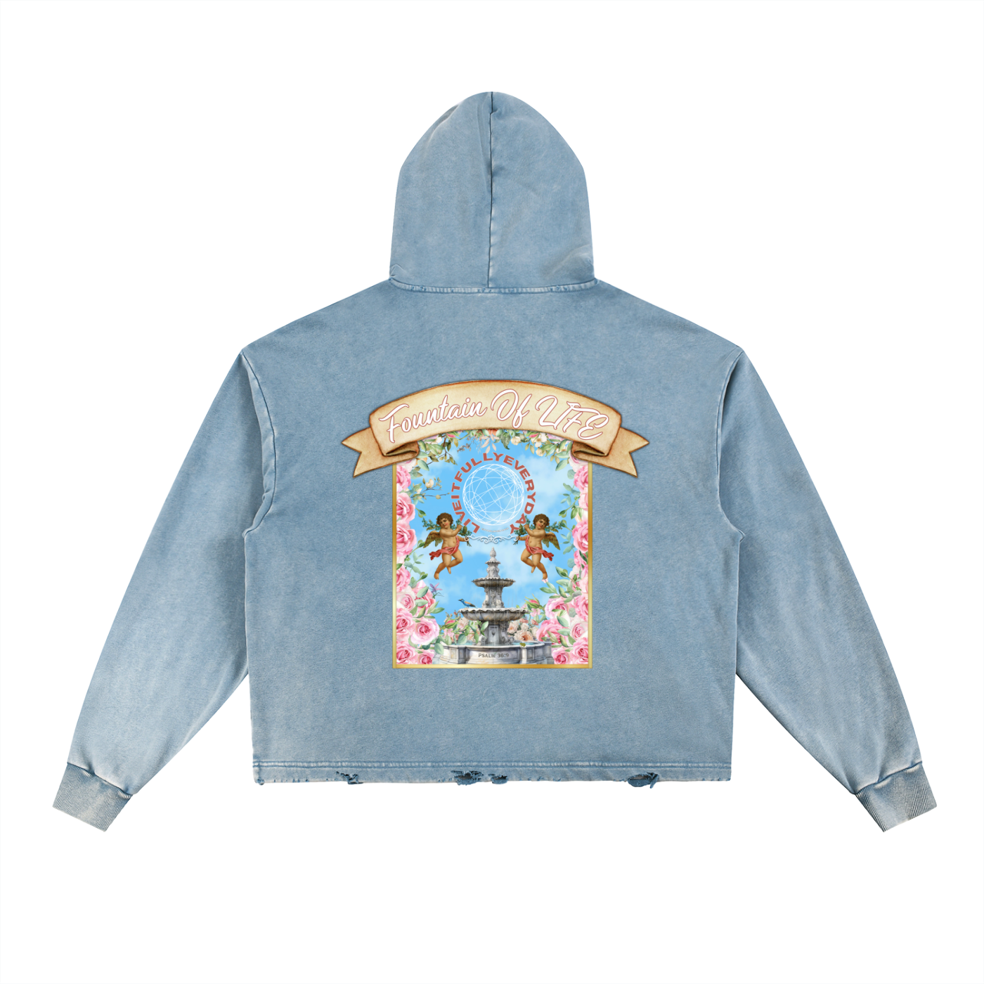 ‘Fountain Of LIFE’ Psalm 36:9 Vintage Washed Frayed-Hem Hoodie