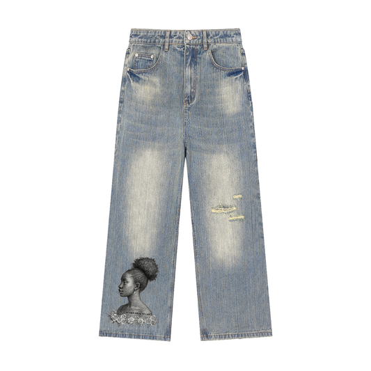 BLACK WOMEN HAVE NO LIMIT Vintage Wash Distressed Denim Jeans