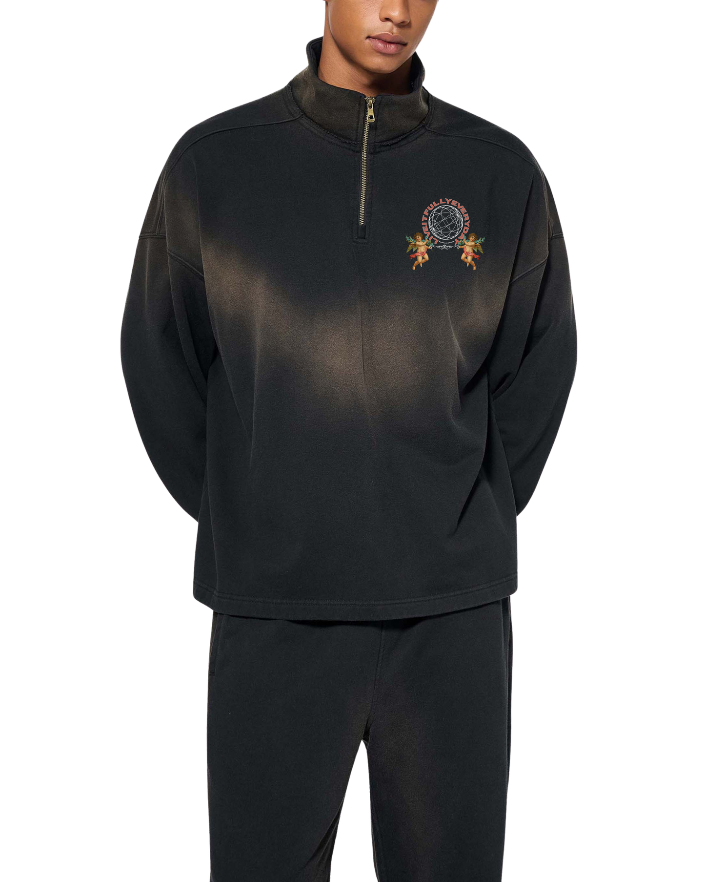 'Fountain Of LIFE' Sun Fade Raw Edge Quarter-Zip Sweatshirt