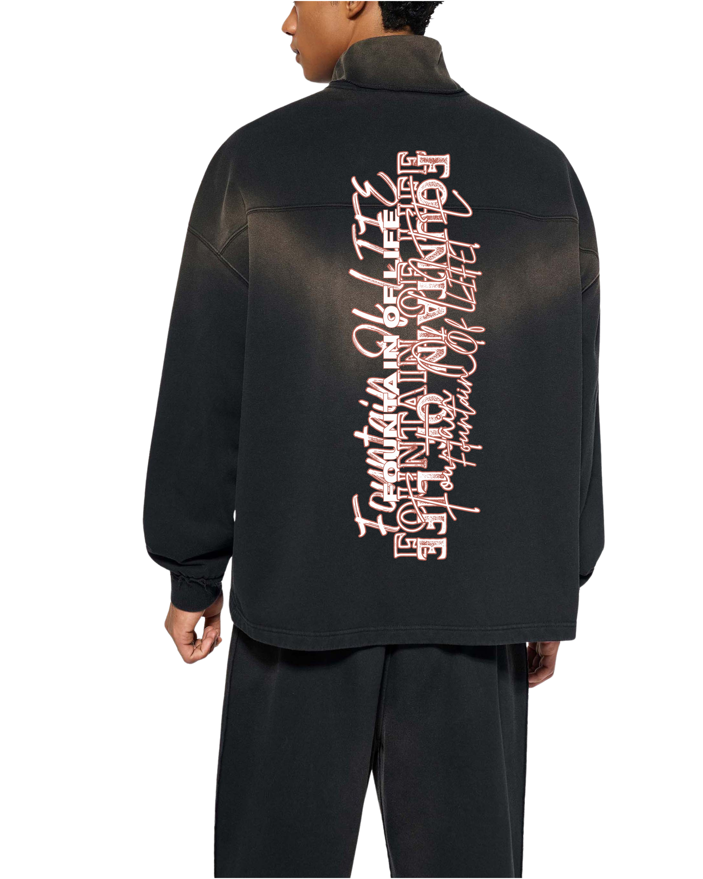 'Fountain Of LIFE' Sun Fade Raw Edge Quarter-Zip Sweatshirt