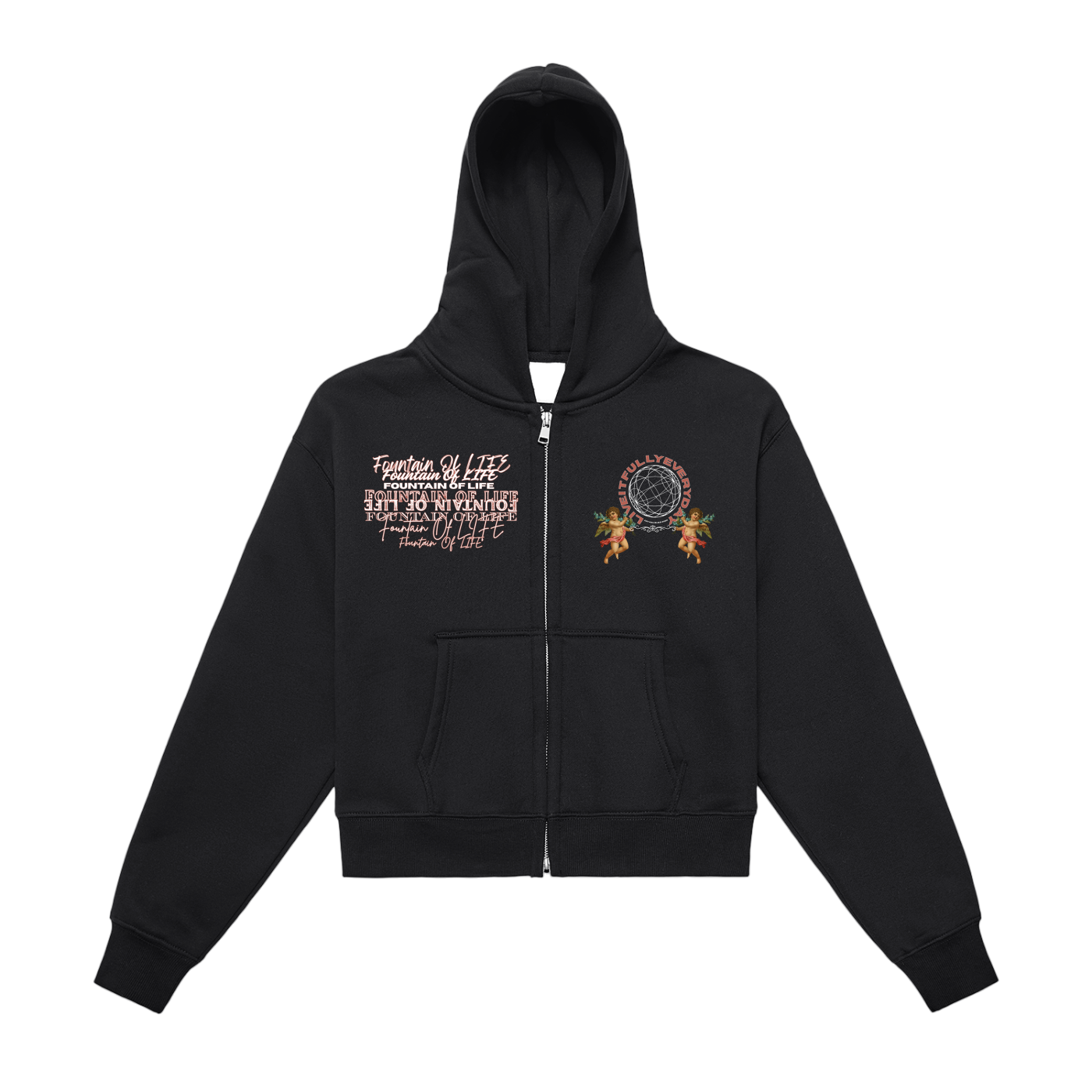 'Fountain Of LIFE' Fleeced Zip-Up Cropped Hoodie