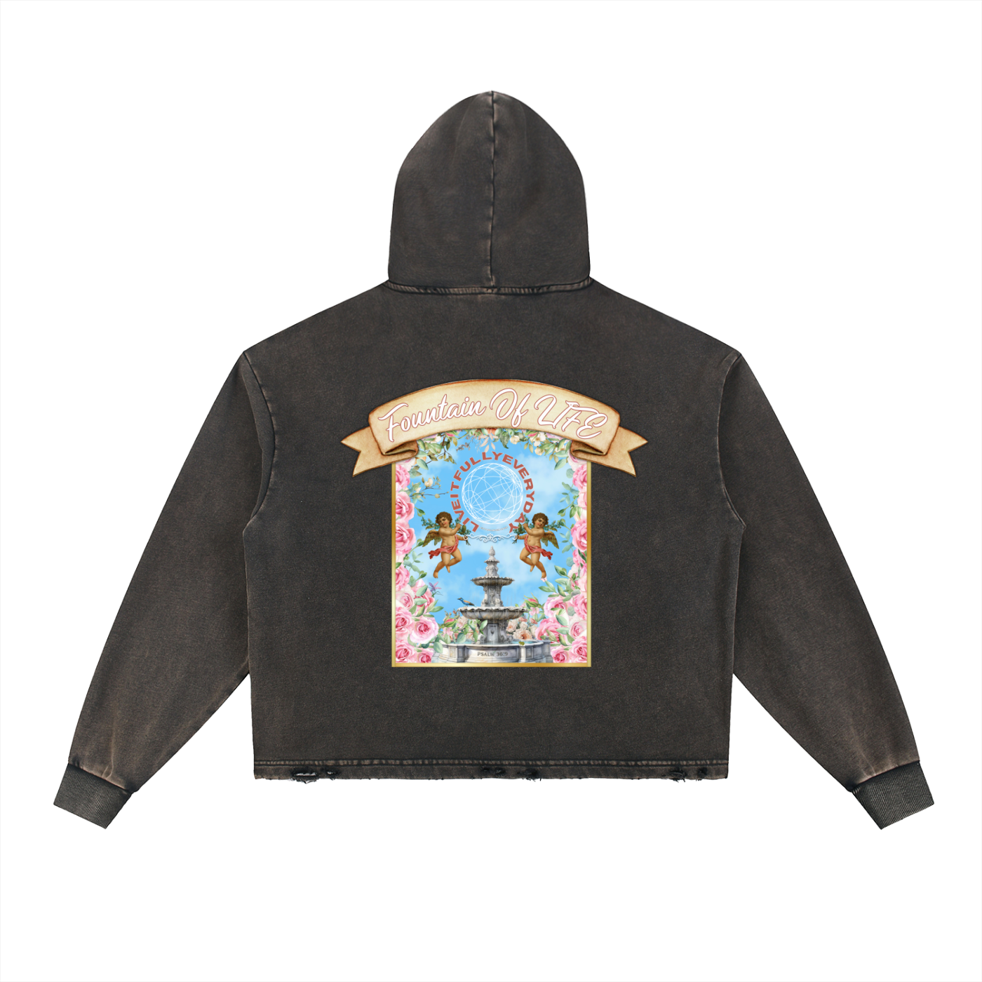 ‘Fountain Of LIFE’ Psalm 36:9 Vintage Washed Frayed-Hem Hoodie