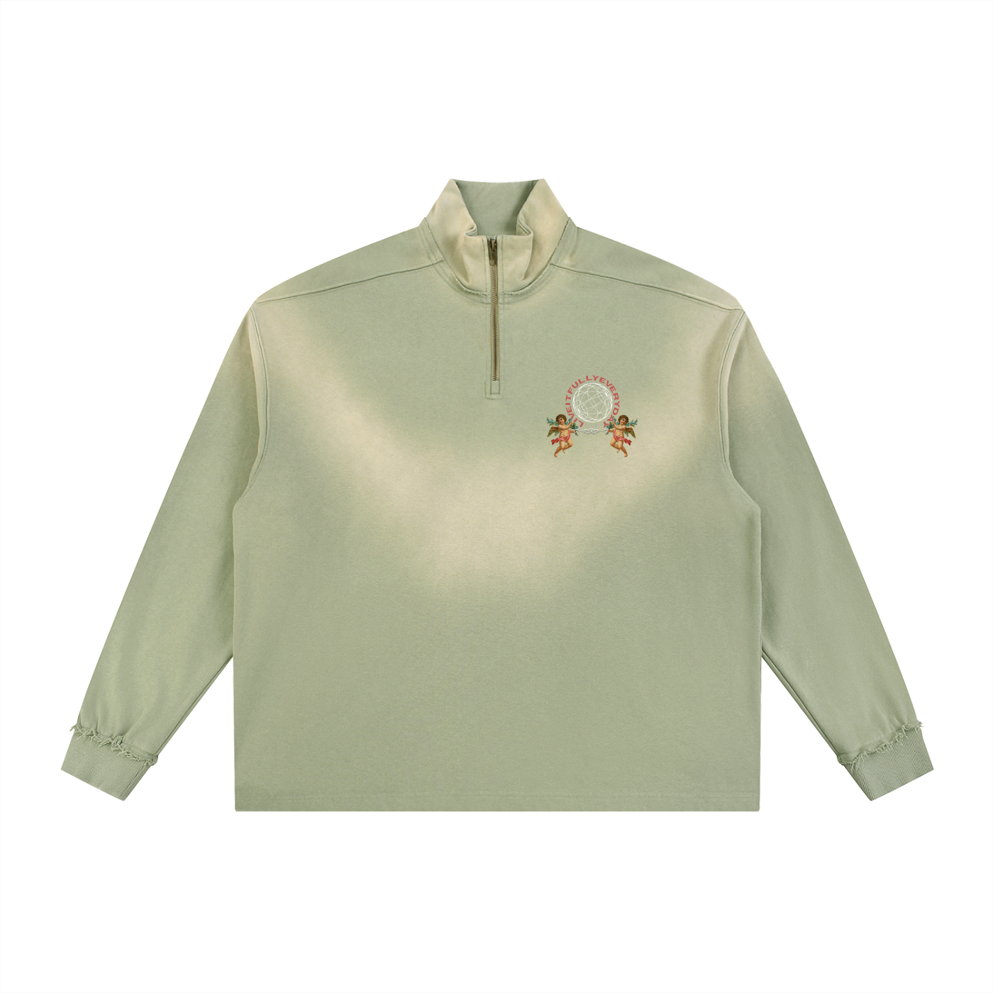 'Fountain Of LIFE' Sun Fade Raw Edge Quarter-Zip Sweatshirt