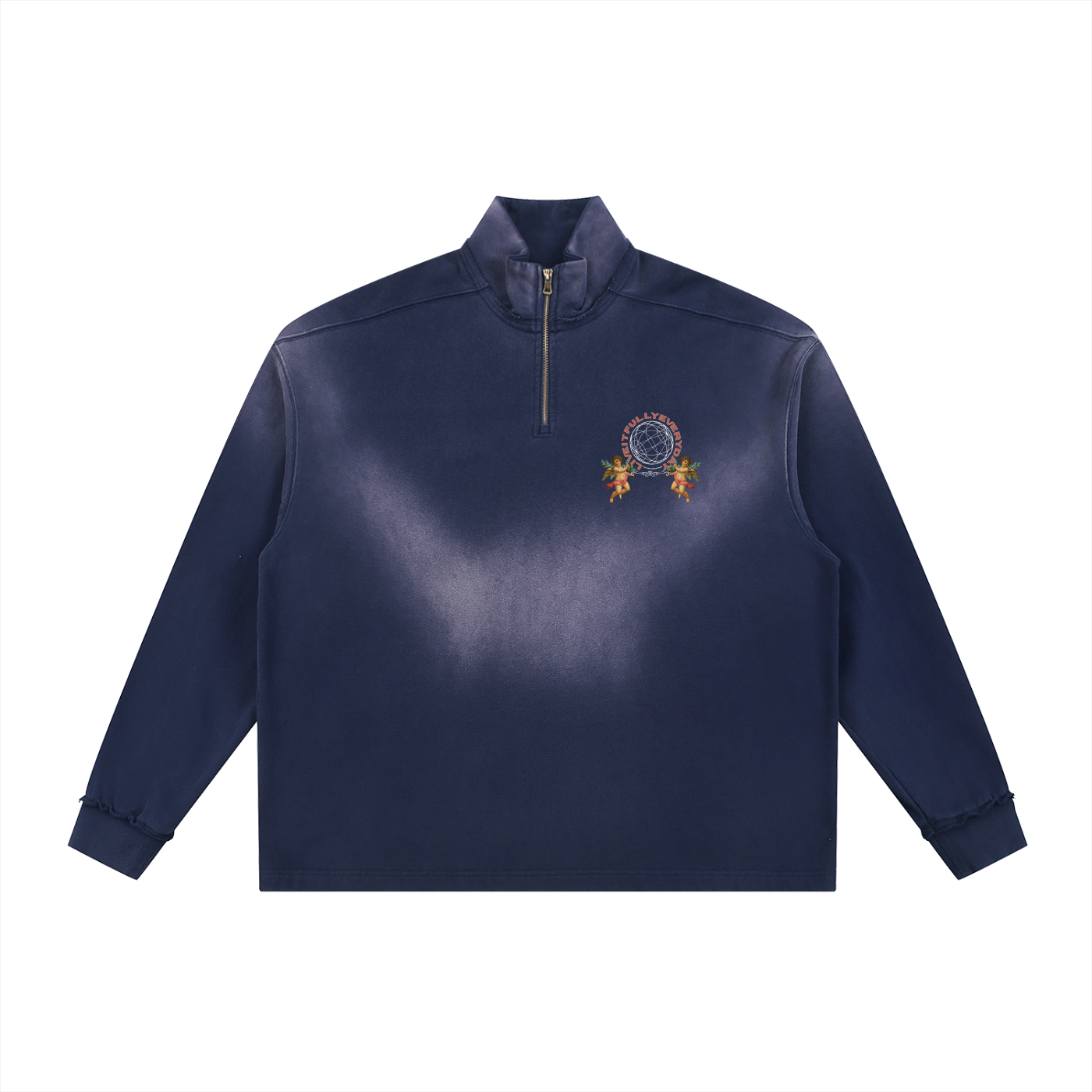 'Fountain Of LIFE' Sun Fade Raw Edge Quarter-Zip Sweatshirt